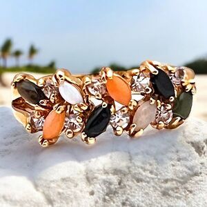 Vintage Ring Size 5 Genuine Opal Jade Onyx Coral Tiger's Eye 14K Gold Plate 14M